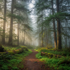 Misty green forest with tall cypress trees and lush ferns in soft dappled morning light