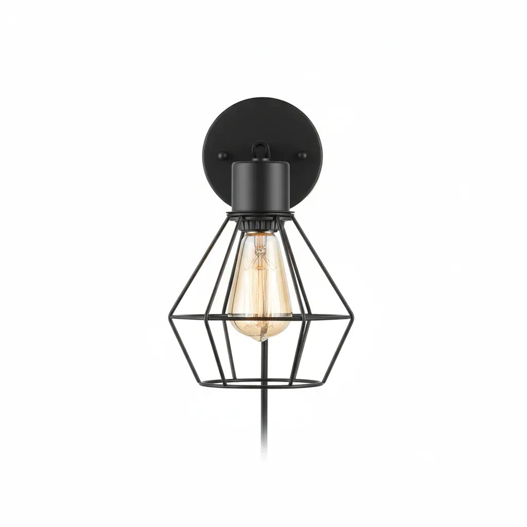 Globe Electric Evans matte black wire cage wall sconce clean white studio background