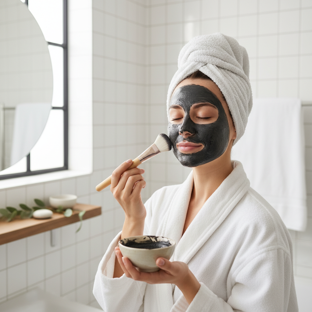 Woman applying a deep-cleansing charcoal face mask in a bright clean bathroom
