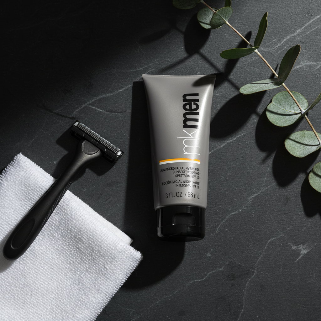 Flat lay of Mary Kay MKMen Advanced Facial Hydrator SPF 30 tube with razor towel and eucalyptus on dark slate