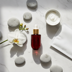 Lifestyle image - elegant red glass serum bottle beside white orchid and river stones on marble, Japanese skincare editorial flatlay for visual context only