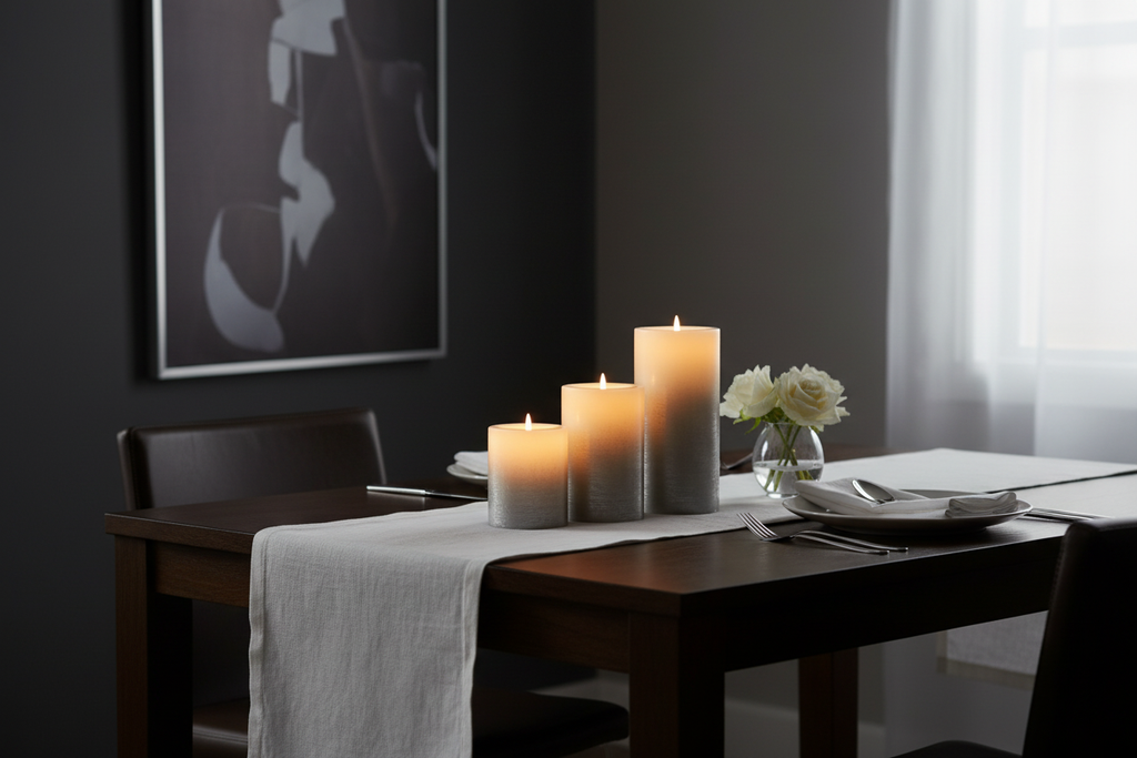 Mikasa silver ombre flameless LED candles warm ambient glow contemporary dining room corner — More4less Outlet