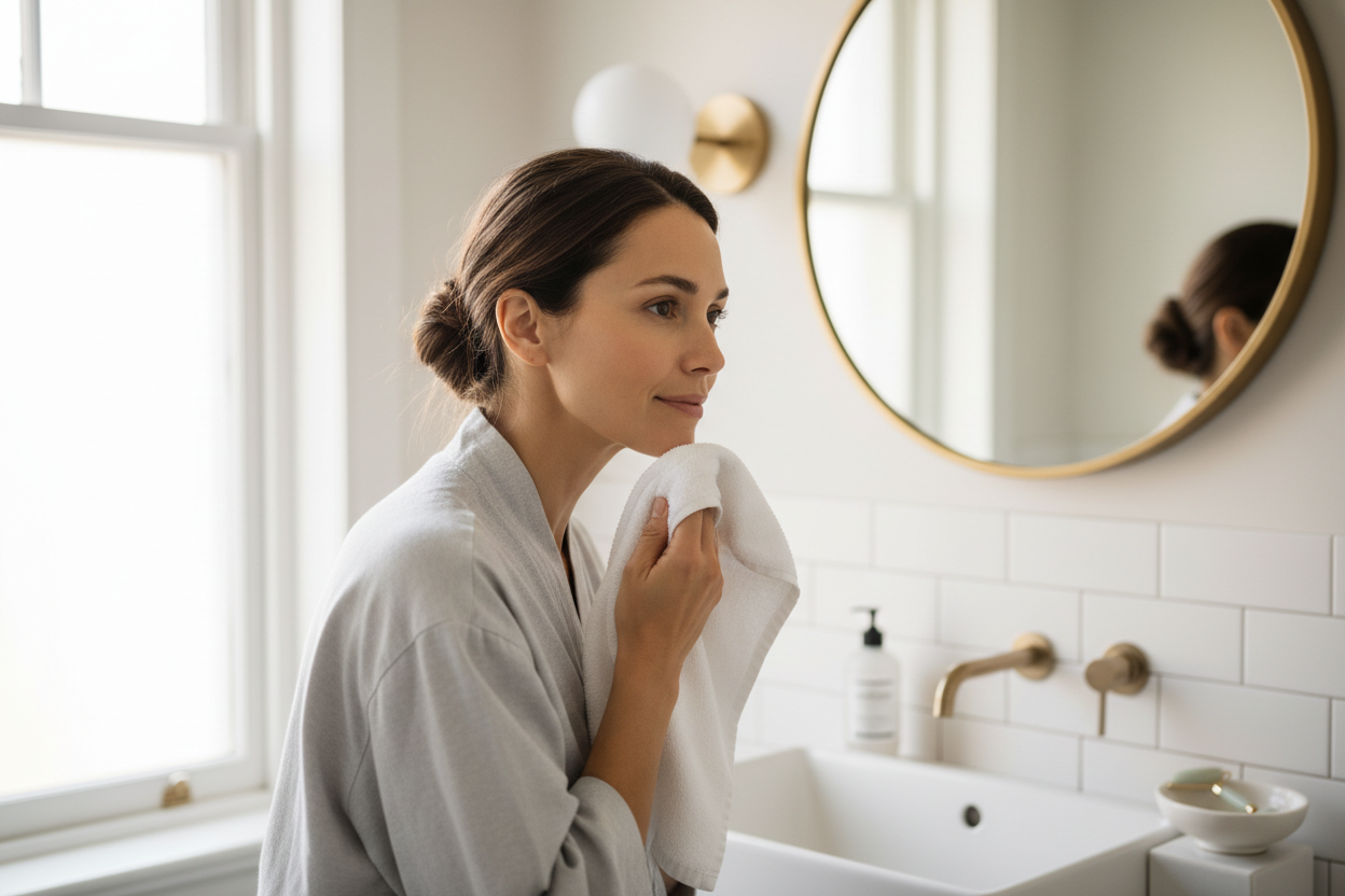 Woman patting face dry with soft white towel after skincare routine with smooth balanced skin