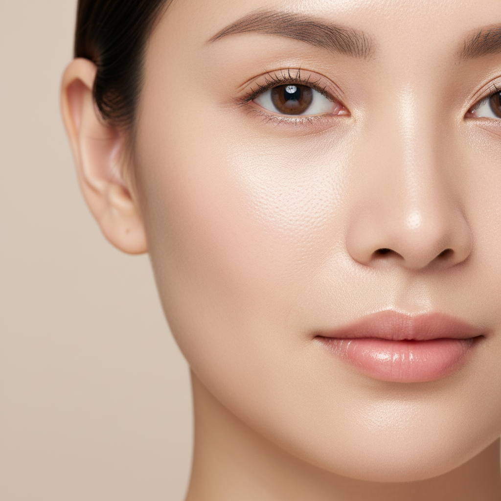 Close-up of a woman's clean, balanced, shine-free complexion with healthy glowing skin