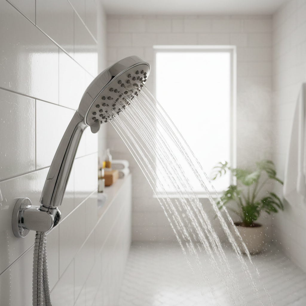 Premium therapeutic shower head with massage spray setting in spa-like bathroom white tile natural light relaxation wellness home upgrade lifestyle