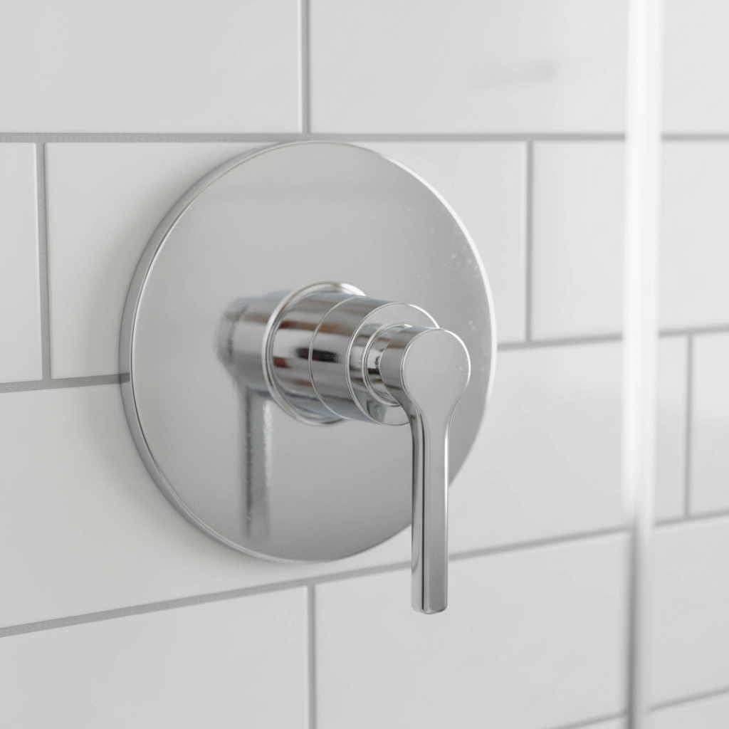 American Standard Studio S polished chrome pressure balance valve trim installed on a white subway tile shower wall.