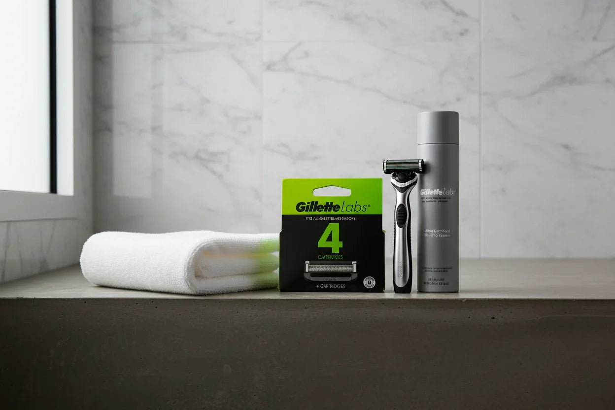 GilletteLabs 4-pack on bathroom shelf grooming setup lifestyle