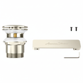 American Standard overflow and drain kit complete flat-lay showing drain assembly, overflow cover plate, set screws and Allen wrench on white background