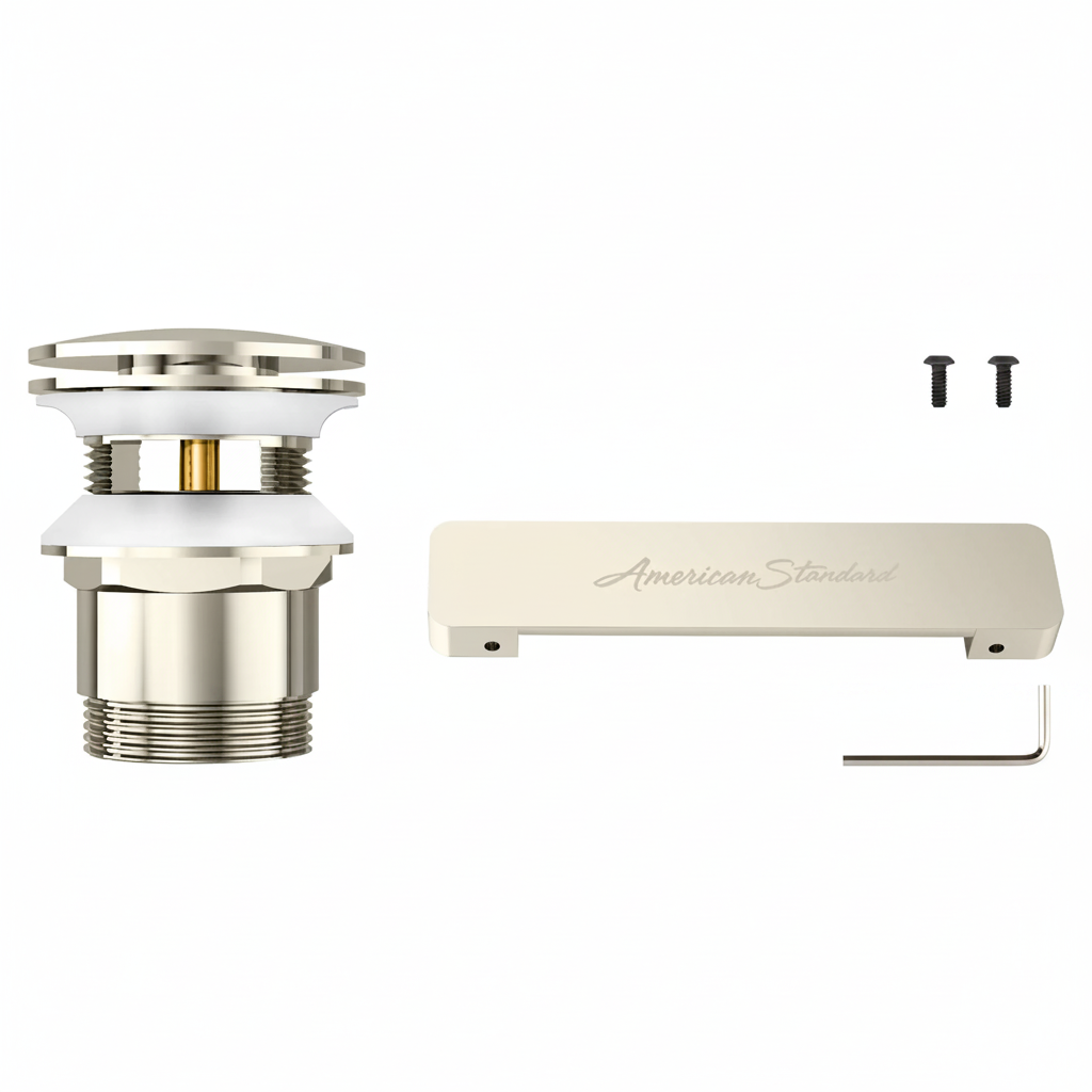 American Standard overflow and drain kit complete flat-lay showing drain assembly, overflow cover plate, set screws and Allen wrench on white background