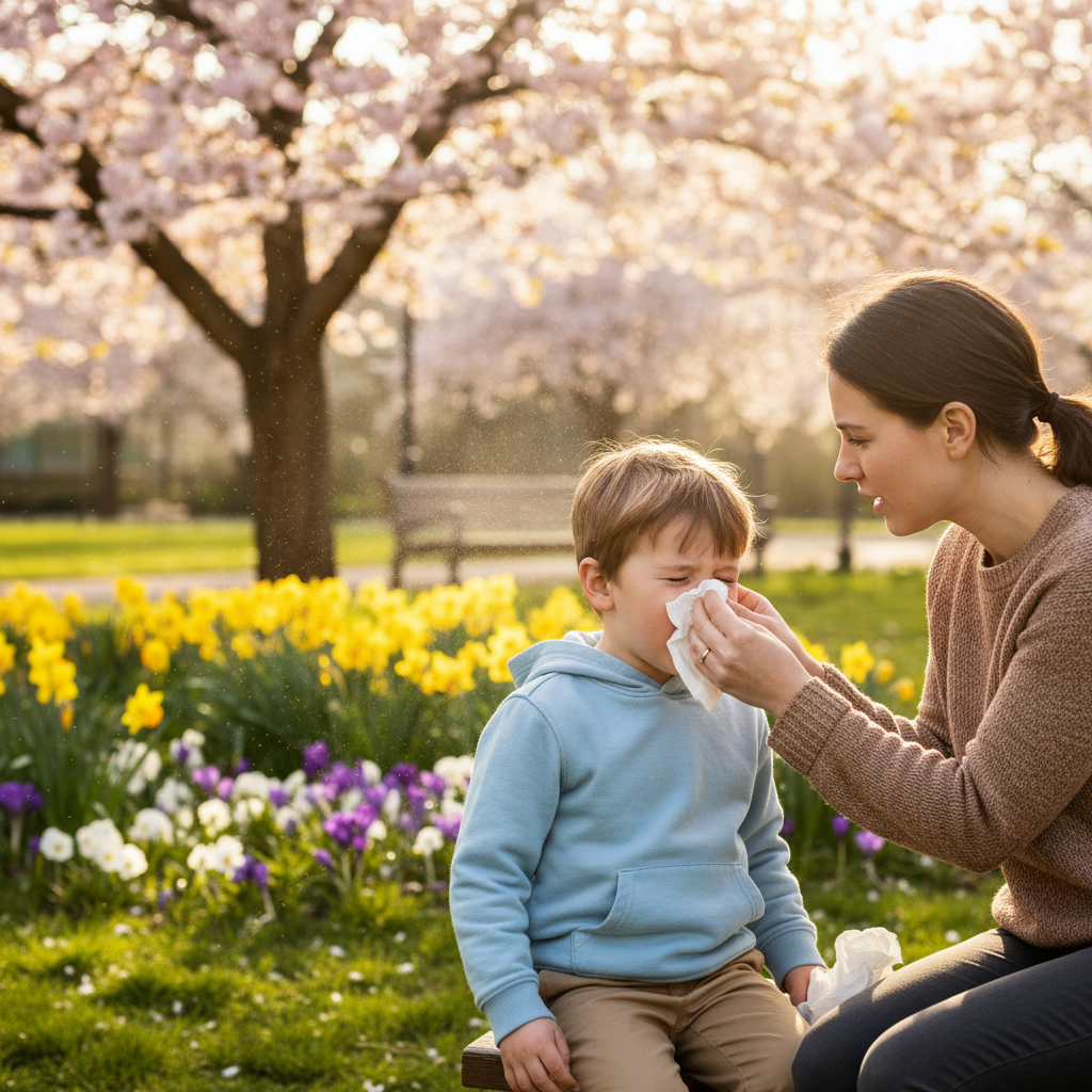 Young child sneezing outdoors in a park during spring allergy season with blooming flowers