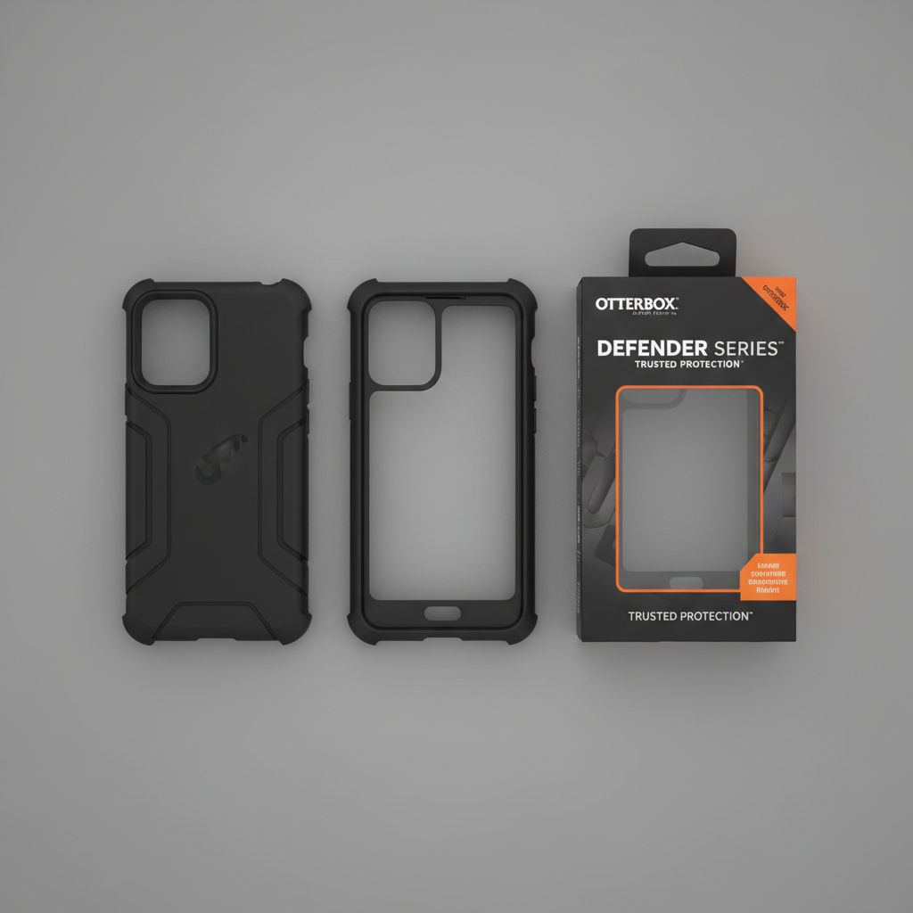 Overhead flat-lay of black OtterBox Defender Series case beside retail box on dark gray surface