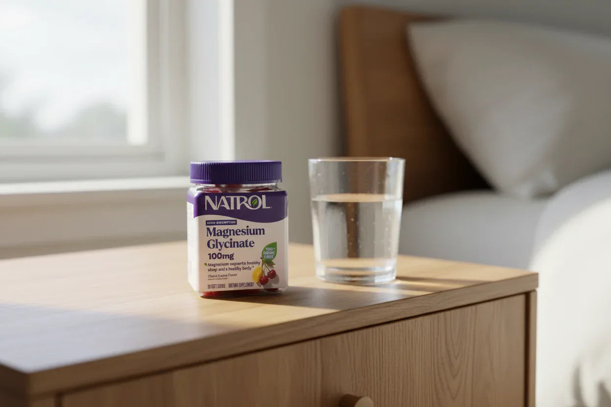 Natrol Magnesium Glycinate jar on oak bedside table with glass of water morning wellness lifestyle