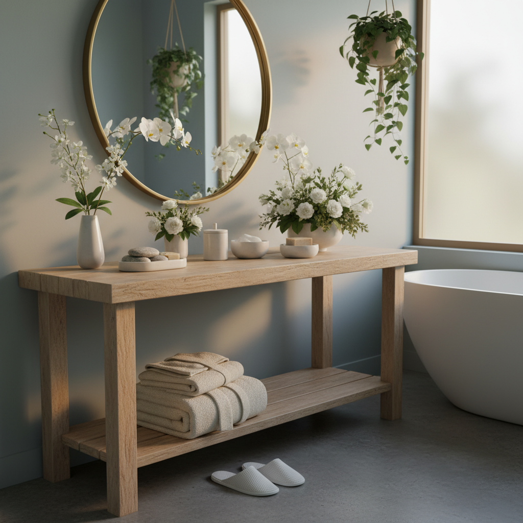 Spa-like vanity table with white floral accents, ceramic dishes, and plush bath linens in tranquil bathroom