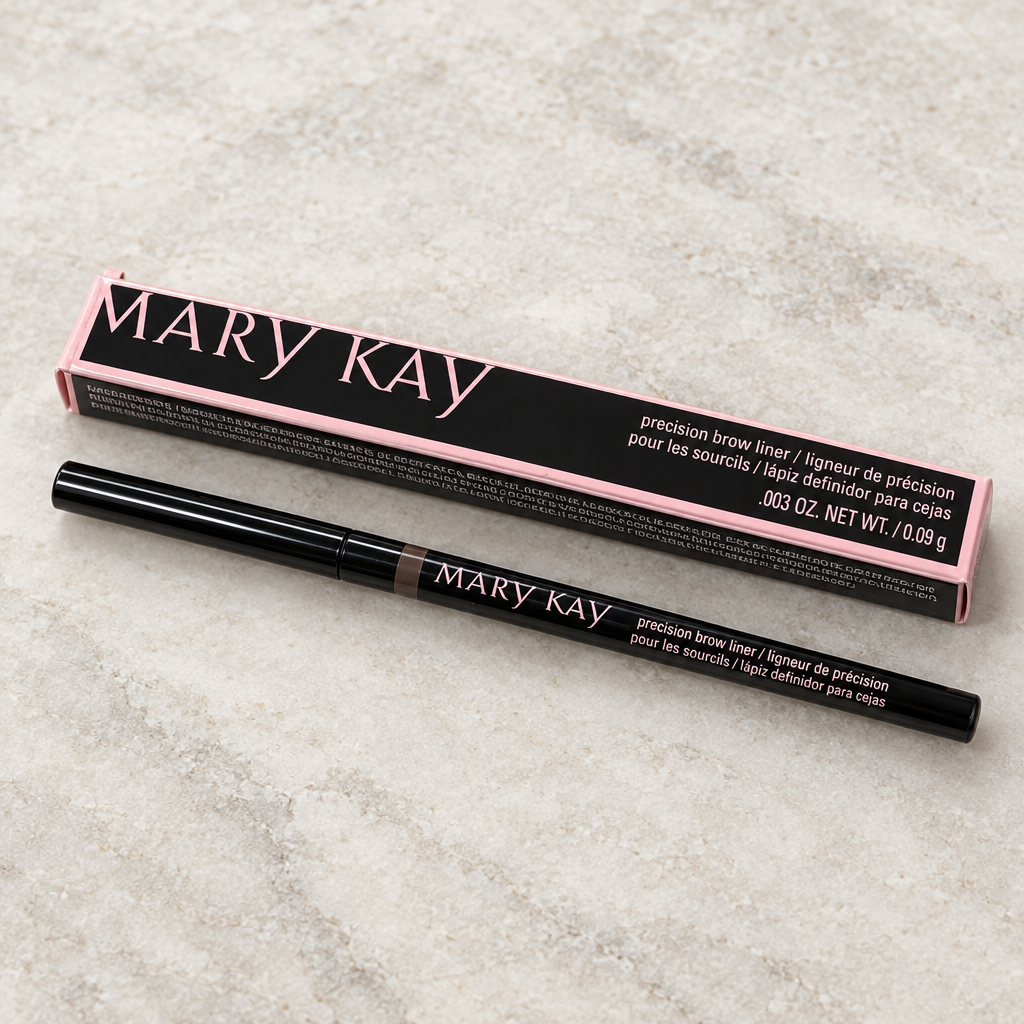 Mary Kay Precision Brow Liner pencil and retail box on a pale stone surface
