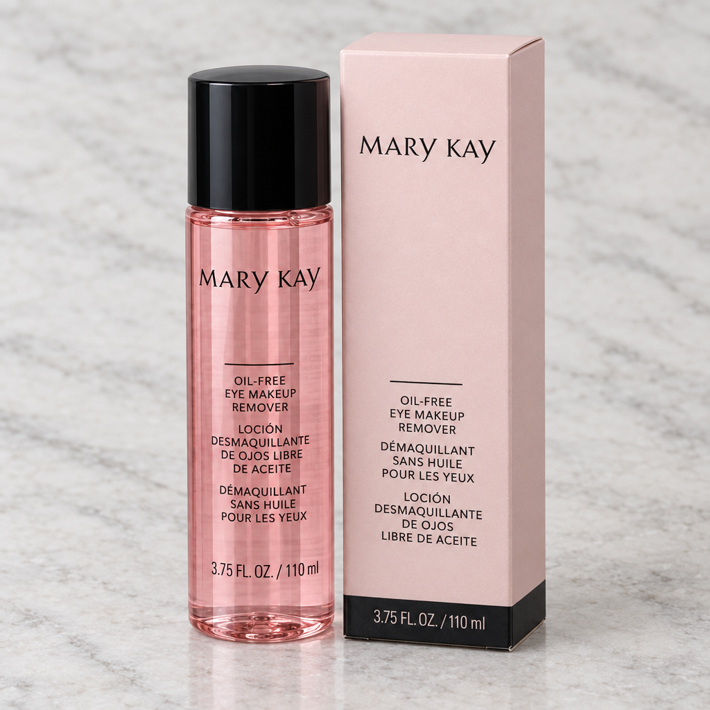 Mary Kay Oil-Free Eye Makeup Remover bottle and retail box on a pale stone surface