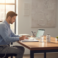 Adult at sunlit office desk reviewing documents with glass of water and white supplement bottle nearby