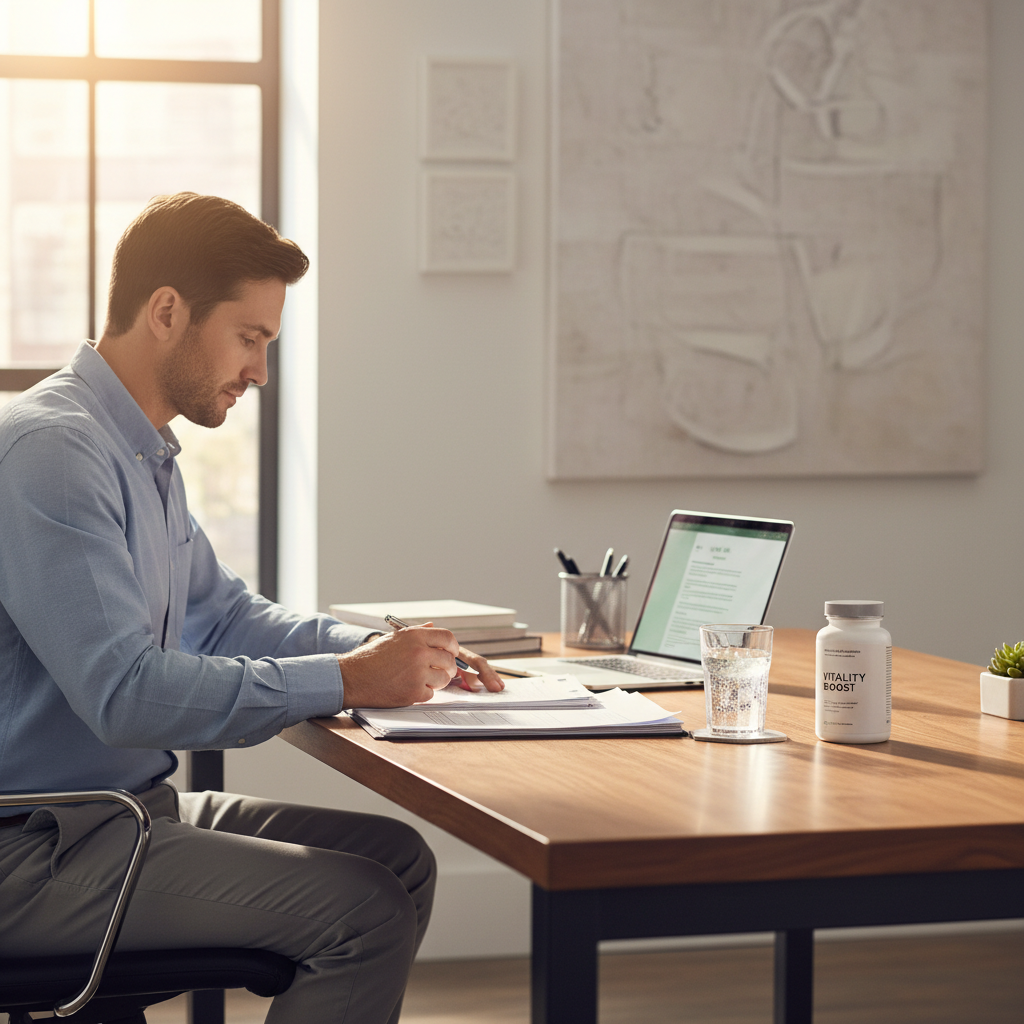 Adult at sunlit office desk reviewing documents with glass of water and white supplement bottle nearby