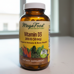 Vitamin D3 supplement amber glass bottle in soft natural window light on white quartz countertop – More4less Outlet