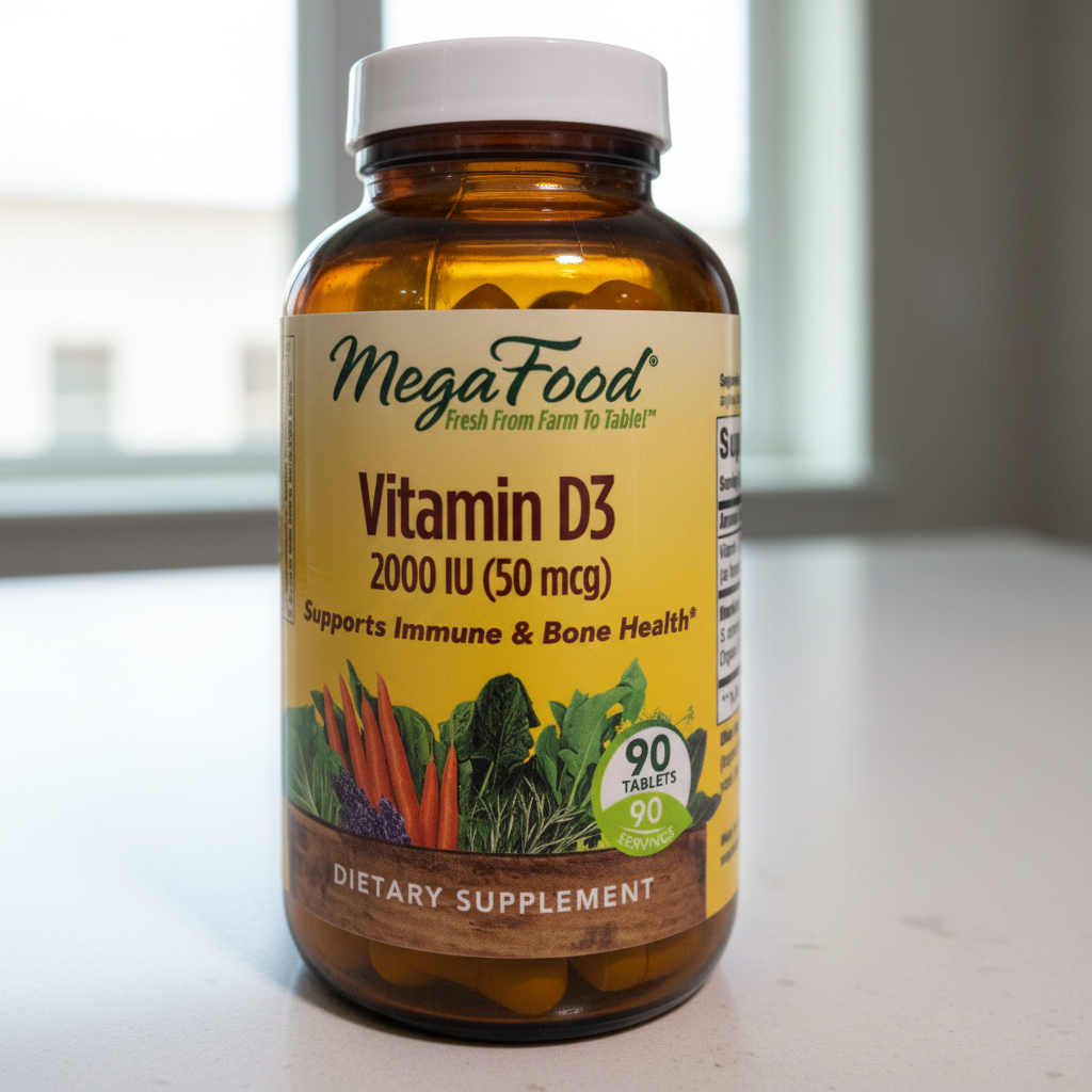 Vitamin D3 supplement amber glass bottle in soft natural window light on white quartz countertop – More4less Outlet