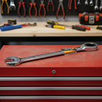 GEARWRENCH 1-1/4 inch ratcheting combination wrench laid on a red metal toolbox in a garage workshop