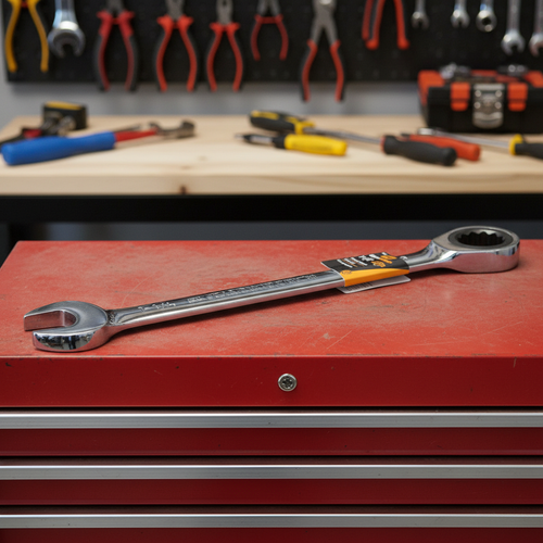 GEARWRENCH 1-1/4 inch ratcheting combination wrench laid on a red metal toolbox in a garage workshop