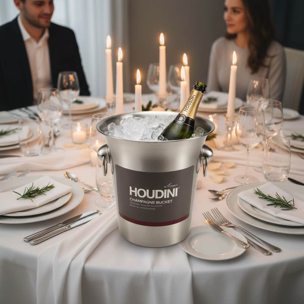 Houdini by Rabbit stainless steel champagne bucket with ice and bottle on dinner party table with candles and white linen – More4less Outlet