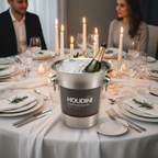 Houdini by Rabbit stainless steel champagne bucket with ice and bottle on dinner party table with candles and white linen – More4less Outlet