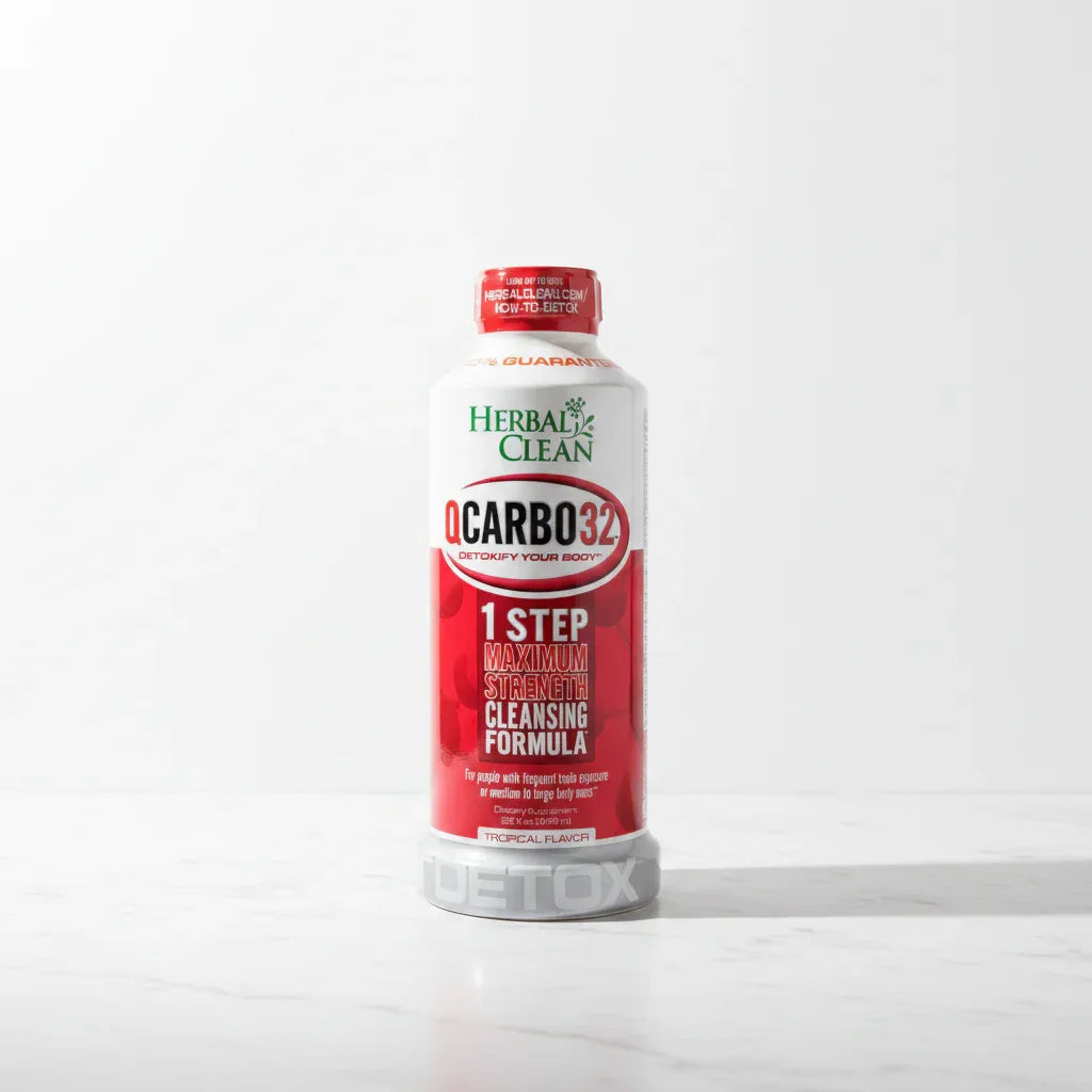Herbal Clean QCarbo32 large white and red supplement drink bottle on clean white marble surface, soft natural light