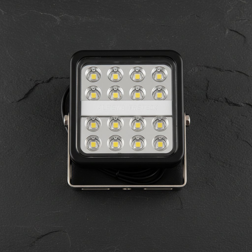 Alpena TrekTec Pod XL16-P LED flood light flat lay dark surface square black pod white accent bar stainless steel bracket top-down - More4less Outlet