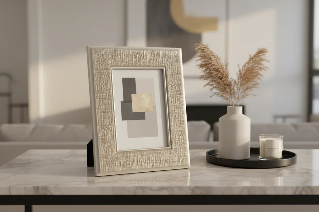 Modern home decor layout featuring metallic textured decorative picture frame on neutral surface