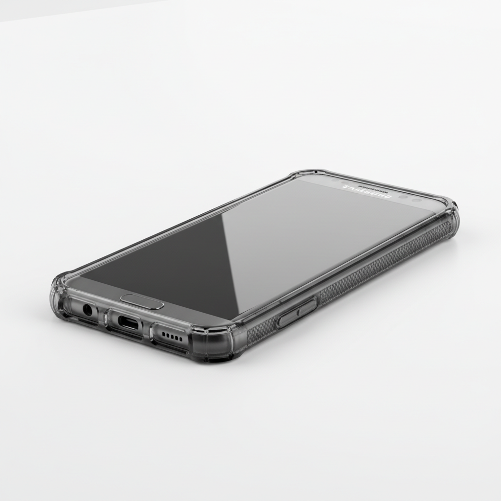 Samsung Galaxy S8 inside grey clear rugged protective case showing all ports and buttons accessible