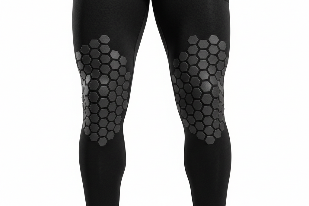 Close-up of McDavid HEX compression leg sleeves showing graduated hexagonal knee padding detail — full-length black athletic leg sleeves size medium