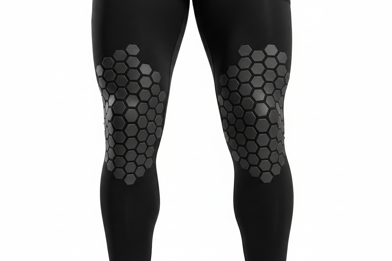 Close-up of McDavid HEX compression leg sleeves showing graduated hexagonal knee padding detail — full-length black athletic leg sleeves size medium