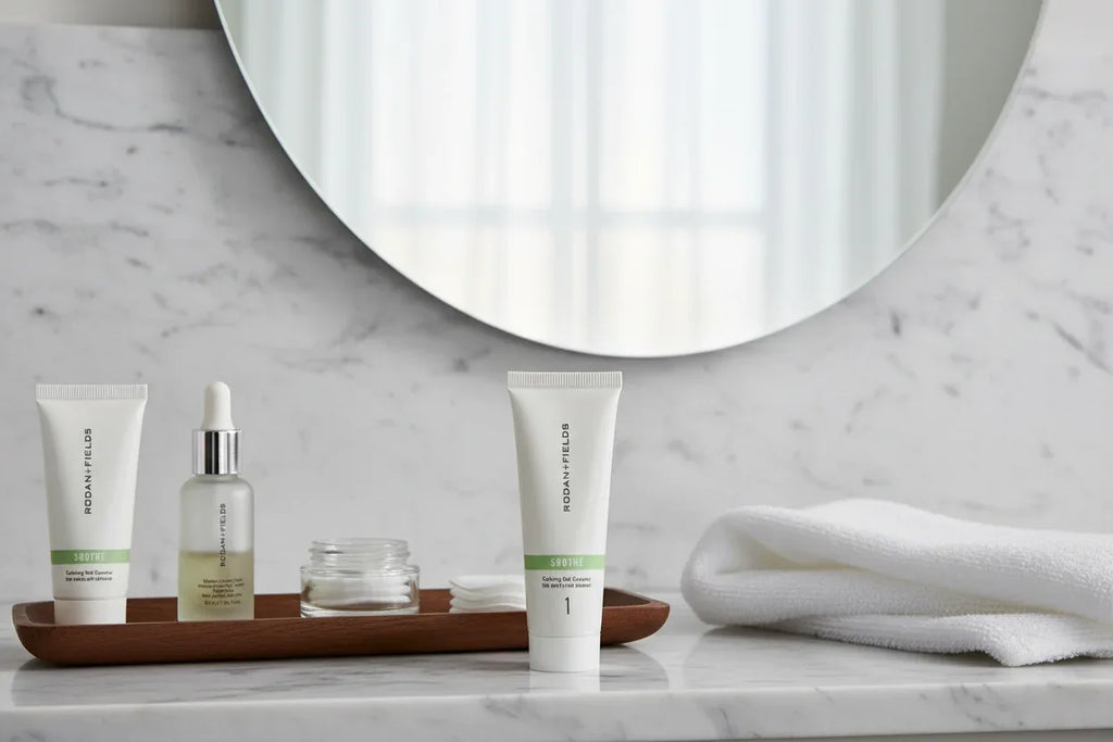 Clean modern bathroom setup with travel-sized Rodan + Fields SOOTHE Calming Gel Cleanser on marble surface