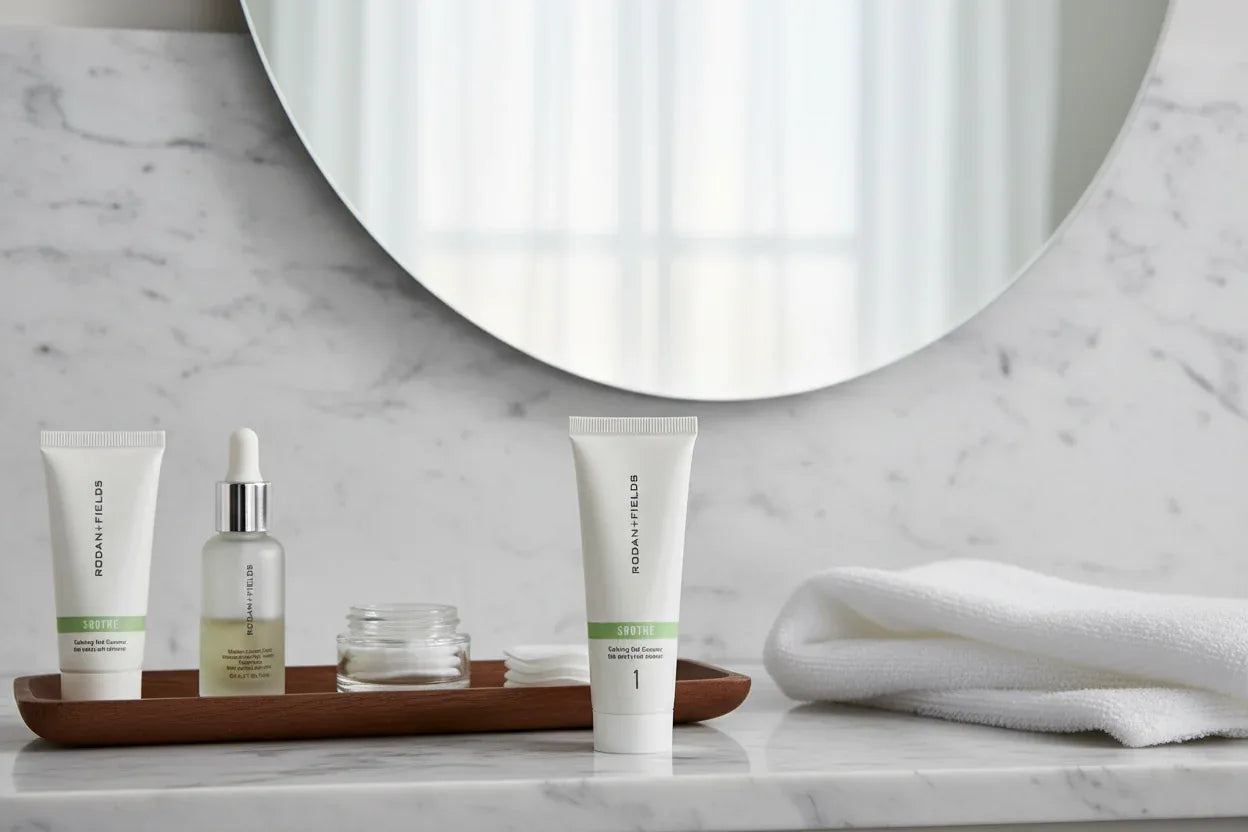 Clean modern bathroom setup with travel-sized Rodan + Fields SOOTHE Calming Gel Cleanser on marble surface