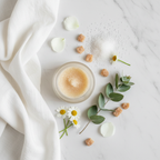 Elegant flat lay of a facial exfoliating scrub jar with sugar crystals and botanicals on marble