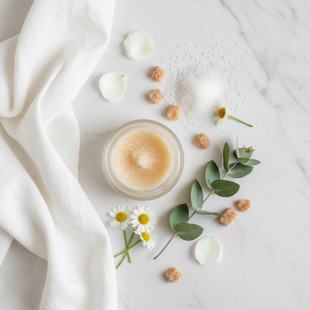 Elegant flat lay of a facial exfoliating scrub jar with sugar crystals and botanicals on marble