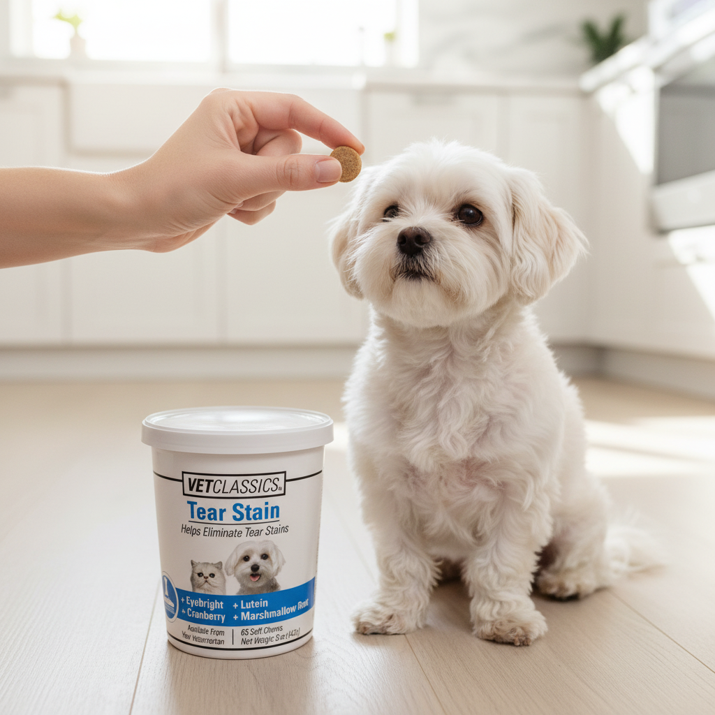 Person offering a VetClassics Tear Stain soft chew to a small white dog sitting on a bright kitchen floor