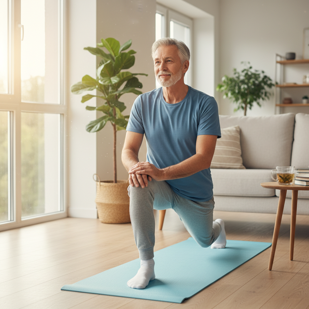 Older adult man doing light stretching on a yoga mat in a bright living room during morning wellness routine