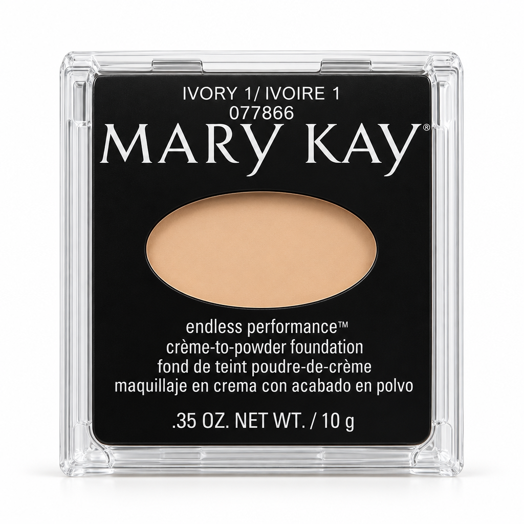 Sealed Mary Kay Endless Performance Creme-to-Powder Foundation compact in Ivory 1 on a white studio background