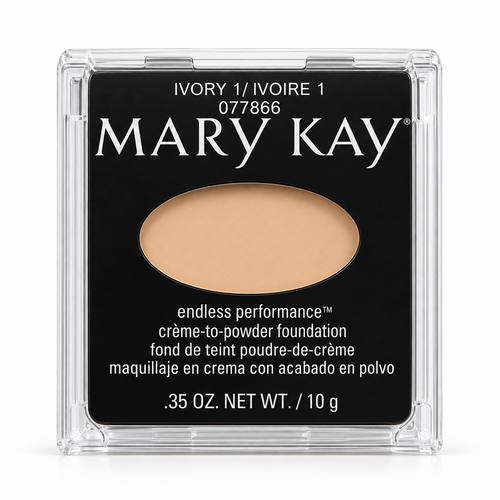 Sealed Mary Kay Endless Performance Creme-to-Powder Foundation compact in Ivory 1 on a white studio background