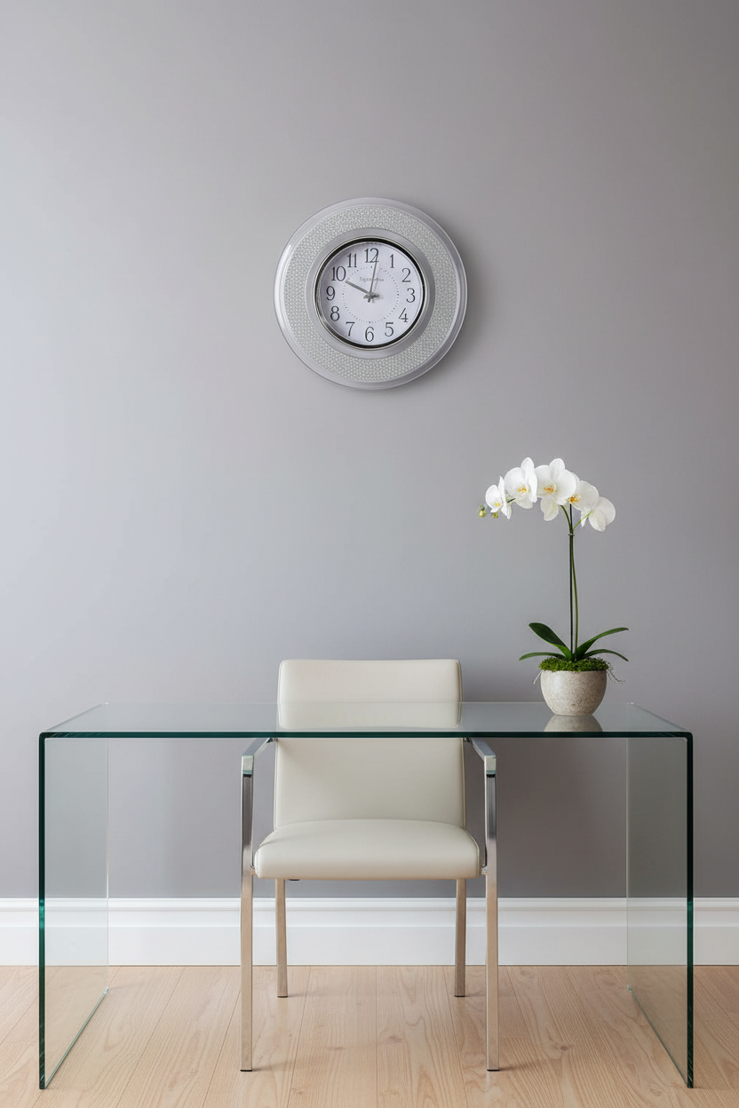 Ingraham 12 inch Silver Glitter Wall Clock on accent wall above minimalist home office with glass desk and orchid — More4less Outlet