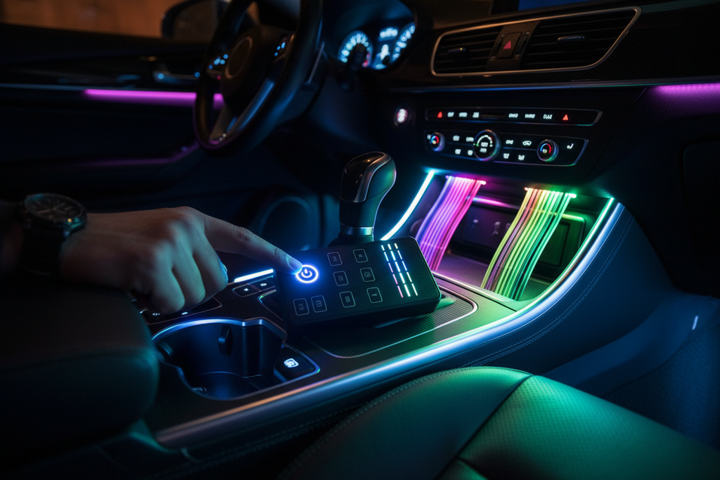 Person pressing power button on multi-channel LED controller inside vehicle with vibrant LED strip lights illuminating center console