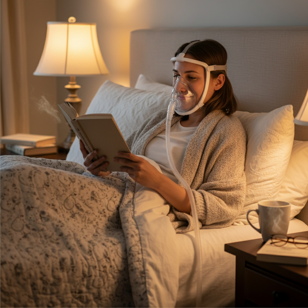 Person reading book in bed wearing under-the-nose full face CPAP mask with unobstructed field of vision