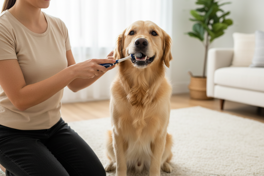 Person brushing large golden retriever teeth with TropiClean Fresh Breath TripleFlex 360-degree dog toothbrush — vet strength plaque and tartar removal