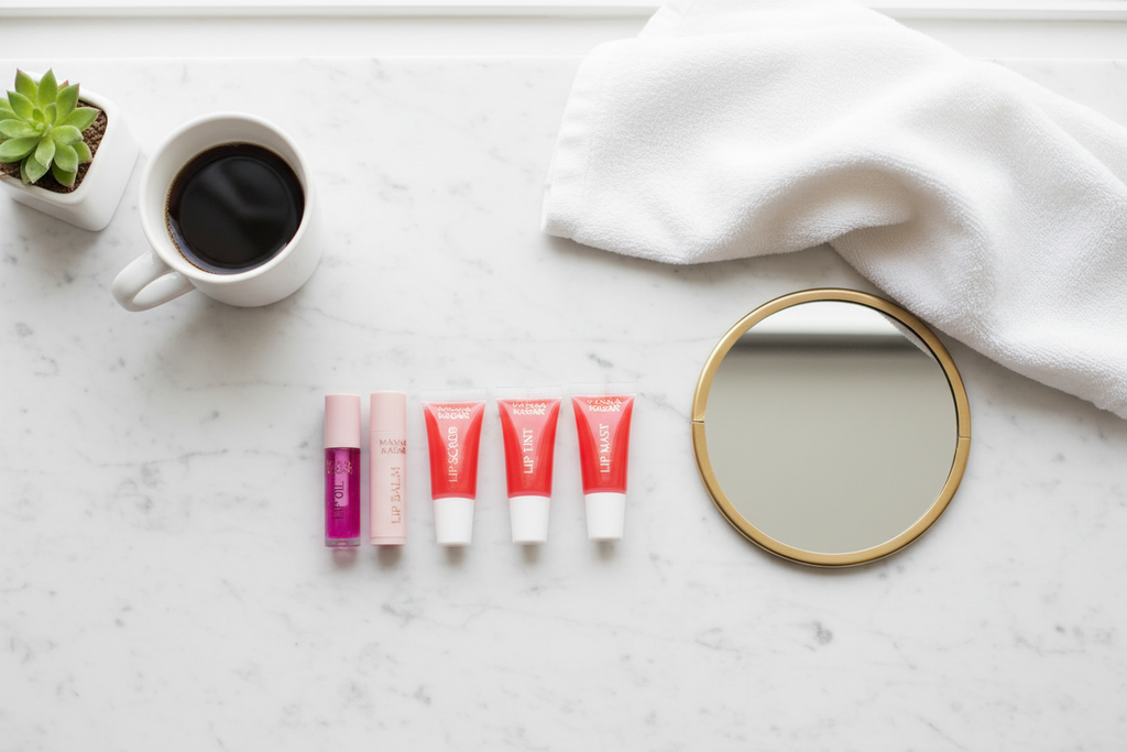 Manna Kadar lip care set minimalist morning skincare routine flat lay marble — More4less Outlet