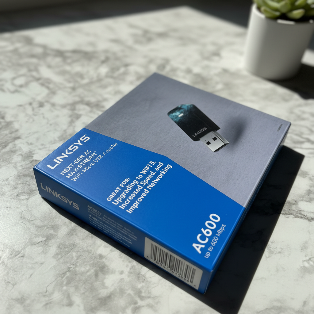 Linksys AC600 WiFi micro USB adapter in retail box on clean marble desk modern networking tech product lifestyle photography