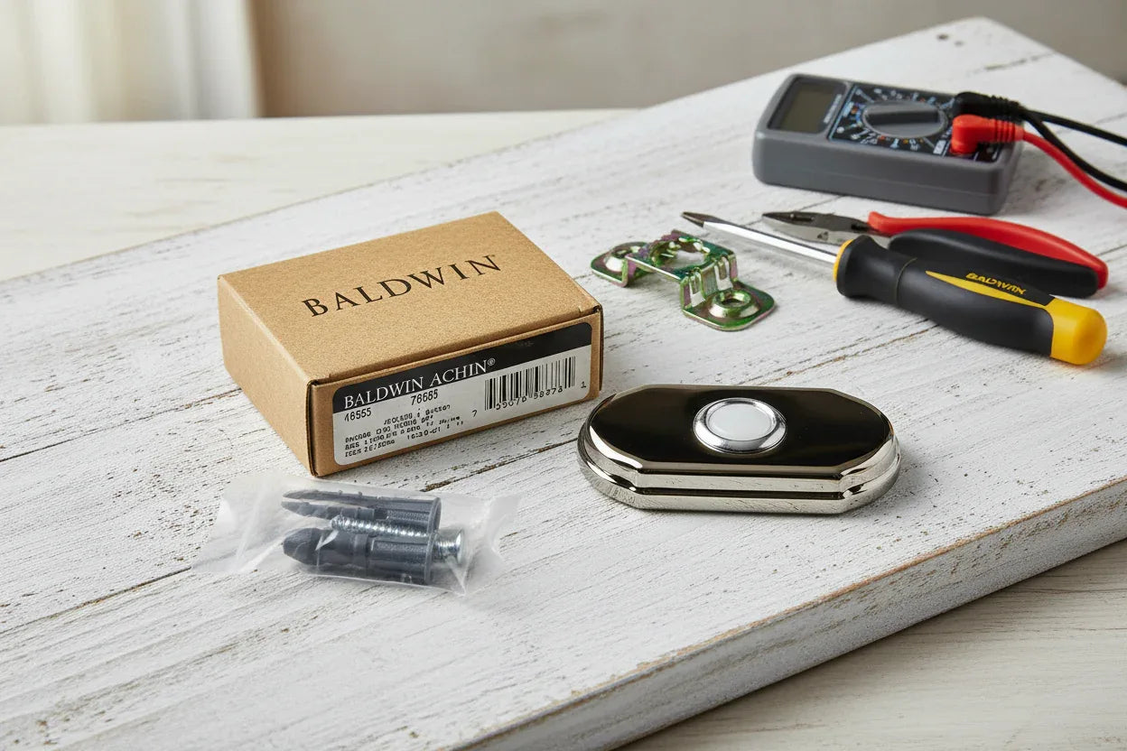 Baldwin Arch Doorbell Button Polished Chrome on rustic white-wash wood board with installation tools