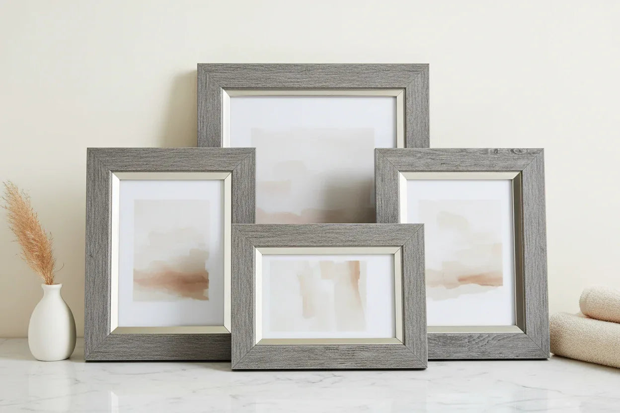 Modern home styling with distressed-look weathered grey decorative frames on a clean vanity surface