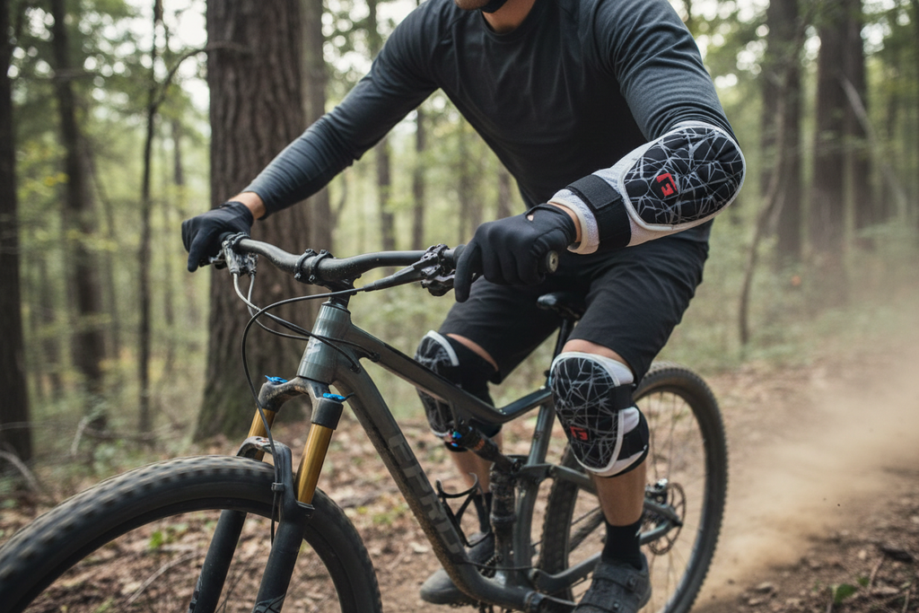 G-Form Elite 2 Elbow Guard worn by cyclist on mountain bike trail